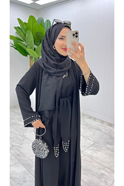 FIRSTESLEM İncili Tulum ve Abayalı Dubai Krep Kadın Şık tulumlu Abaya takımı