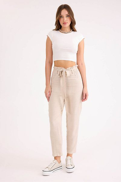 Vitrin High Waist Belted Viscose Linen Trousers