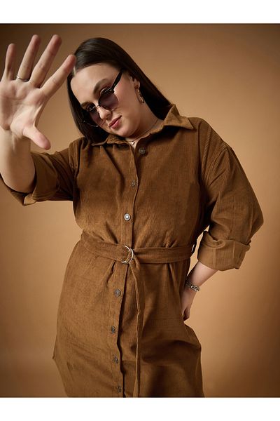 Sassafras By Styli Plus Size Corduroy Belted Detail Mini Shirt Dress