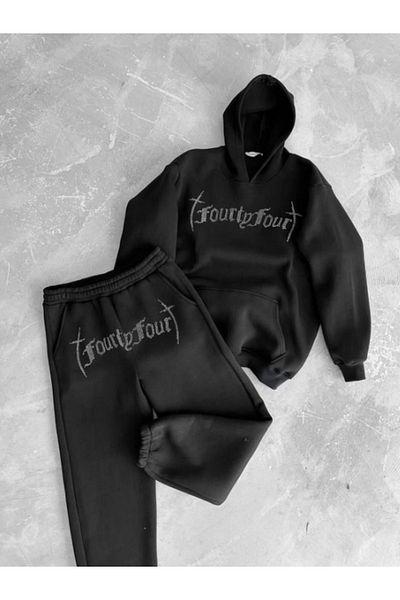 Gameyal Unisex Oversize Stone Embroidered Hooded Sweatshirt Set