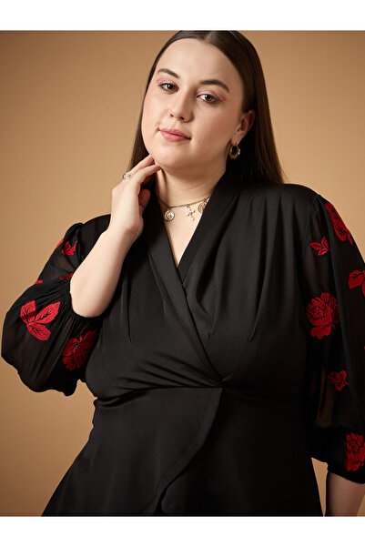 Sassafras By Styli Plus Size Embroidered Sleeves Top and Straight Pants Set