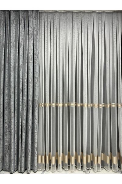 Erdoğanlar Koza 1/3 Close Pleat - Gold Stripe Leaded Tulle Curtain Skirt