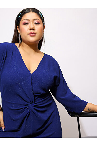 Sassafras By Styli Plus Size Glittered Faux Knot Detail Sheath Midi Dress