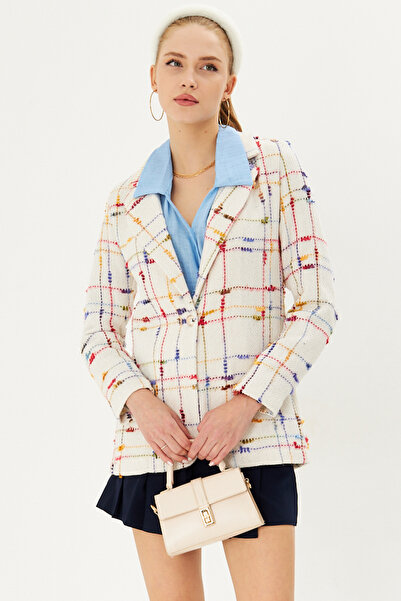 armonika Γυναικείο λευκό Tweed υφασμάτινο μπουφάν με ένα κουμπί ARM-25K 001042