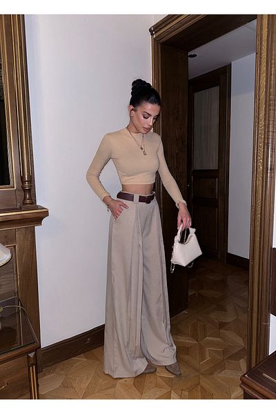 LOCH BUTİK Women's Beige Pleated Palazzo Pants with Belt