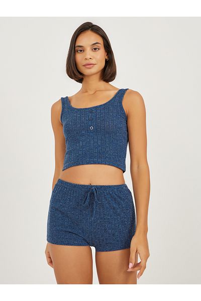 Styli Melange Brushed Rib Crop Placket Vest and Shorts Set