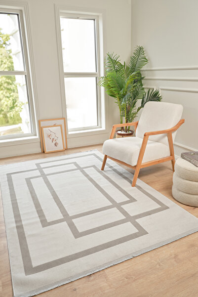 Konfor Halı Moderno 3338 Gri Beyaz Çerçeve Desenli Dokuma Halı Salon Oturma O...