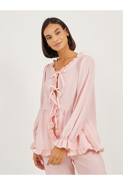 Styli Ruffle Edge Tie Front Tiered Hem Top and Cuffed Pyjama Set