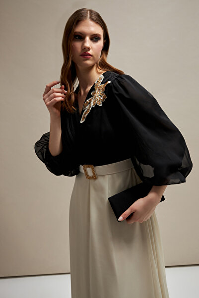 İnce Double Breasted Neckline Embroidery Detail Long Plus Size Chiffon Evening Dress