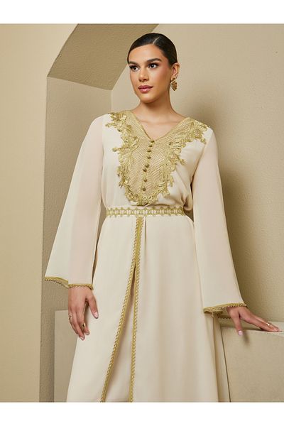 Styli A-Line Front Slit Kaftan with Moroccan Buttons and Lace Details