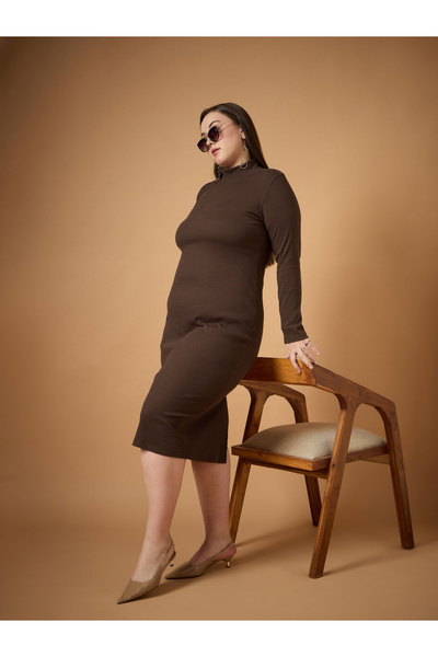 Sassafras By Styli Plus Size Ribbed High Neck Bodycon Midi Dress