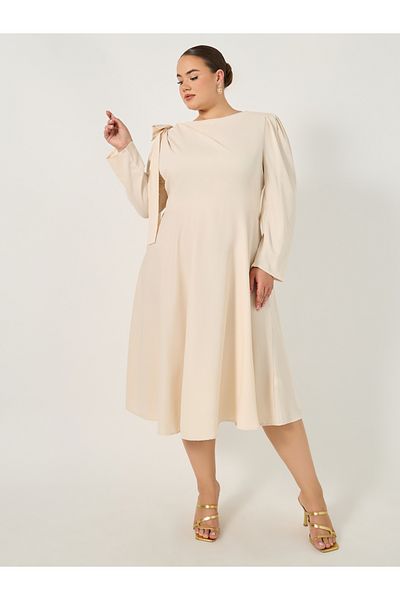 Styli Plus Size Shoulder Bow Detail A-Line Midi Dress