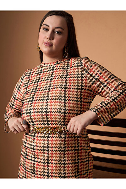 Sassafras By Styli Plus Size Houndstooth Print Belted A-Line Mini Dress
