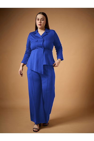 Sassafras By Styli Plus Size Ruched Sleeves Blazer and Straight Pants Set