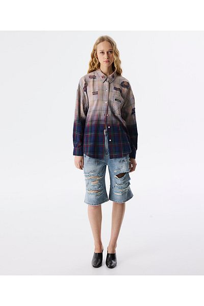 Twist Plaid Pattern Shirt with Aging Effect
