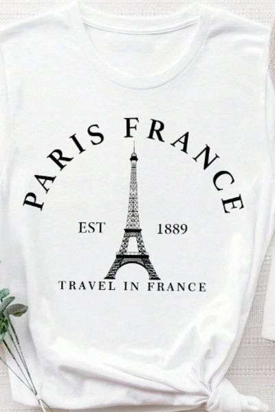 SAJA Tricou cu mânecă scurtă pentru femei/fete PARIS FRANCE cu litere și turnul Eiffel