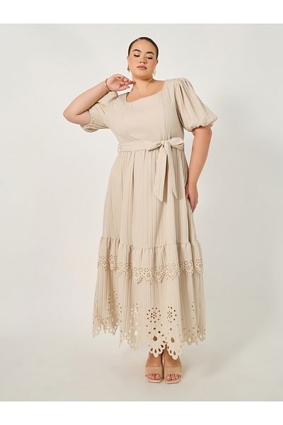 Styli Plus Size Cut-Out Pattern Tiered Maxi Dress with Tie Belt
