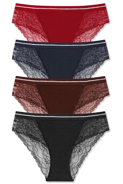 HNX 4-Piece Interlock Lace Detailed Waist Glitter Elastic Slip Women's Panties