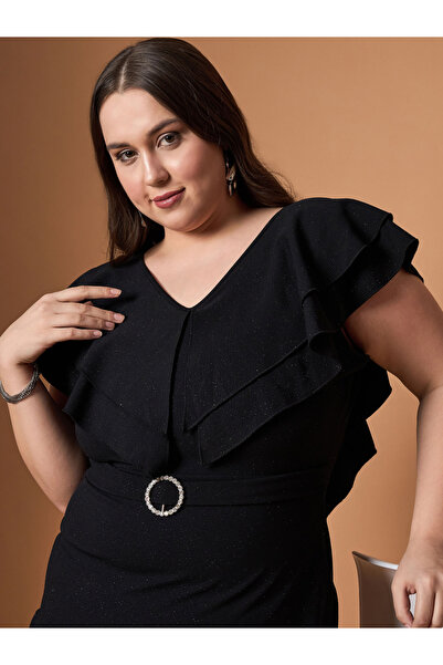 Sassafras By Styli Plus Size Glittered Ruffle Detail Sheath Midi Dress