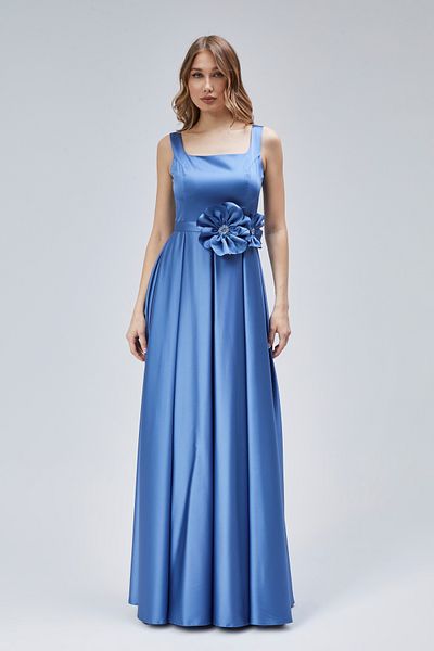 Asees Women's Evening Dress and Graduation Flower Detailed Square Collar Pleated Indigo Satin Evening Dress