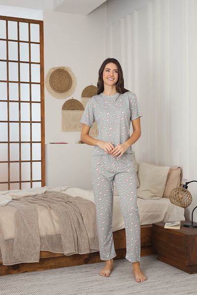 CALİA Women's Summer Short Sleeve Combed Cotton Single Jersey Fabric Pajamas Set