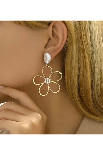 ER TAKI Pearled Gold Colorful Flower Dangle Stylish Engagement Henna Wedding Wedding Evening Dress Earrings