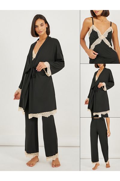 Styli Pack of 3 - Contrast Lace Trim Cami, Robe and Pyjama