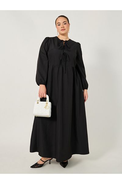 Styli Solid A-Line Maxi Dress with Tie-Up Bow Detail