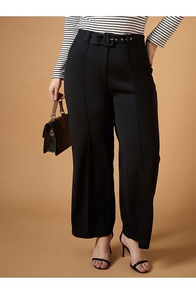 Sassafras By Styli Plus Size Solid Belted Straight Fit Pants with Pintuck Details