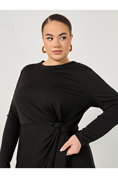 Styli Plus Size Draped Tie Waist Detail A-Line Midi Dress