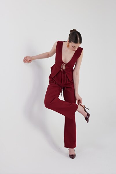 HOLLY LOLLY Geniş Paça Pilili Yüksek Bel Palazzo Giselle Pantolon Bordo