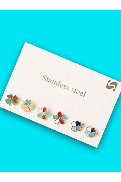 TUM TUM 6 Lı Yonca Çelik Küpe Seti. Renkli Yonca Çelik Küpe Seti.küpe.