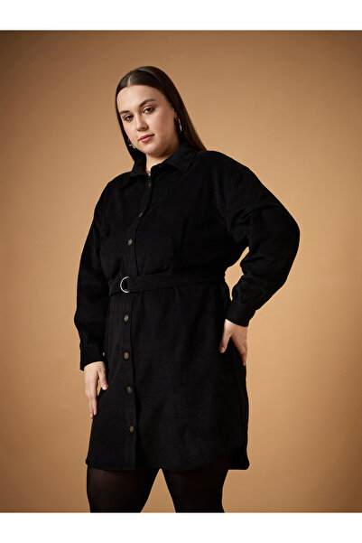 Sassafras By Styli Plus Size Corduroy Belted Detail Mini Shirt Dress
