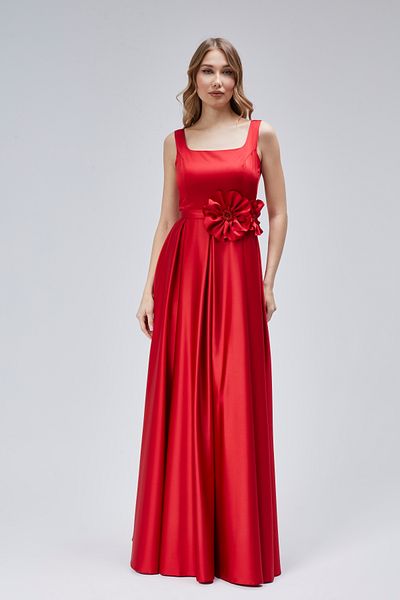 Asees Women's Evening Dress and Graduation Flower Detailed Square Neck Pleated Red Satin Evening Dress