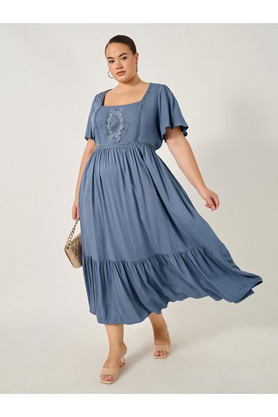 Styli Plus Size Embroidered Square Neck A-Line Maxi Dress