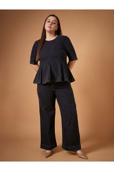 Sassafras By Styli Plus Size Washed Denim Peplum Top and Straight Pants Set