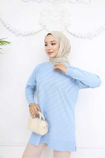 K-ODEA BUTİK Women's Asymmetrical Striped Soft Blue Knitwear Tunic Seasonal