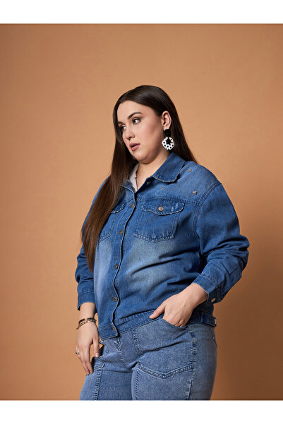 Sassafras By Styli Plus Size Embellished Detail Washed Denim Jacket with Pocket Detail