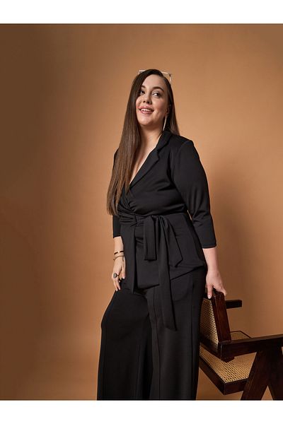 Sassafras By Styli Plus Size Tie-Up Detail Wrap Top and Straight Pants Set