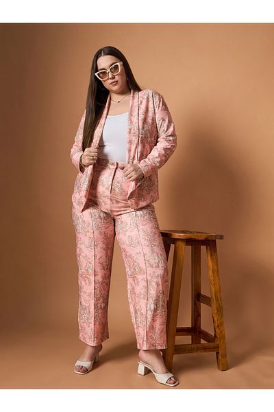 Sassafras By Styli Plus Size Floral Print Shawl Collar Blazer and Straight Pants Set