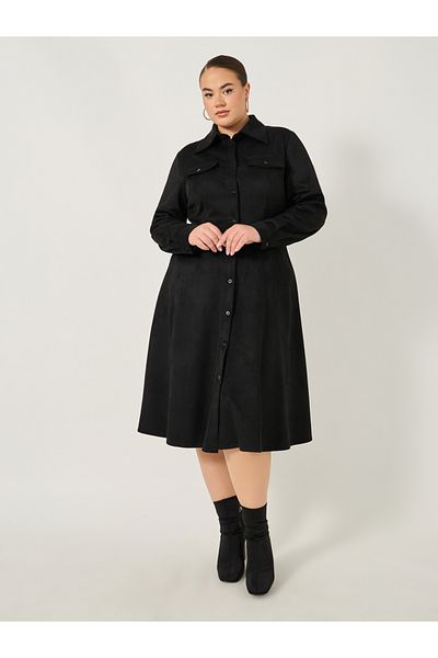 Styli Plus Size Velvet Look Long Sleeves Shirt Midi Dress