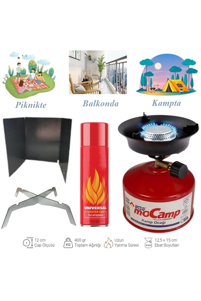 gaman Pro Set İksa Çakmak Gazı İle Doldurulabilir Kamp Ocağı Piknik Tüpü + Rüzgar Önleyici + Çakmak Gazı