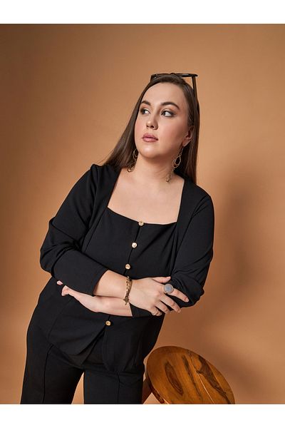 Sassafras By Styli Plus Size Solid Front Button Top and Straight Pants Set