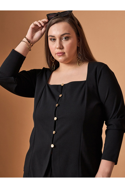 Sassafras By Styli Plus Size Solid Front Button Top and Straight Pants Set