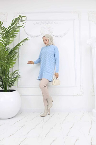 K-ODEA BUTİK Women's Asymmetrical Striped Soft Blue Knitwear Tunic Seasonal