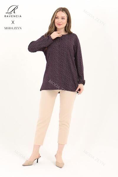 Ravencia Kadın Orta Yaş Ve Üzeri Cam Kırığı Desen Likralı Mor-Beyaz Anne Penye Bluz