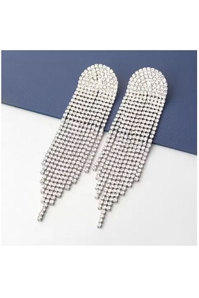 mos&more White Stone Dangle Long Women's Evening Dress Earrings, Tassel Earrings