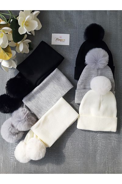 pempem bandana Boys/Girls Baby Knitwear Scarf Beret Set with Plush Pom