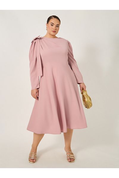 Styli Plus Size Shoulder Bow Detail A-Line Midi Dress