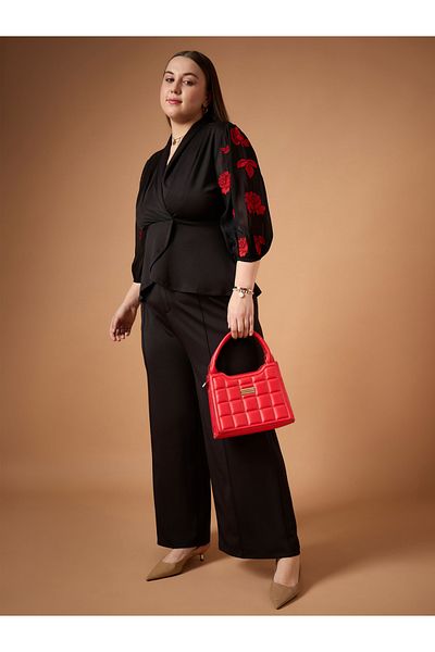 Sassafras By Styli Plus Size Embroidered Sleeves Top and Straight Pants Set